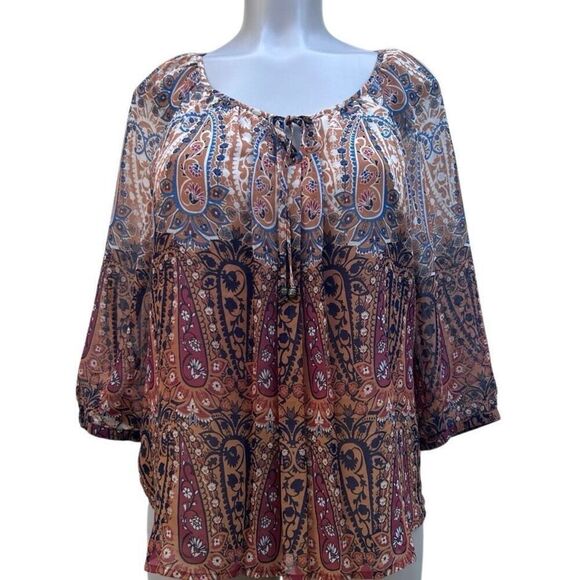 Sara Michelle Peasant Blouse Women's Petite L Neutral Paisley Keyhole 3/4 Sleeve - Picture 2 of 14